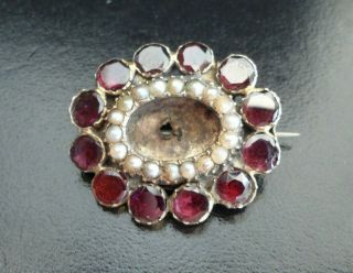 Antique Jewellery Georgian Flat Cut Garnet Pearl Inscribed Gold Brooch Pin A/f