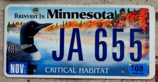 " Reinvest In " Minnesota Critical Habitat Loon License Plate With A 2008 Sticker