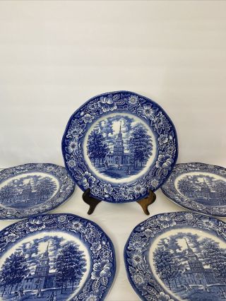 Vintage Staffordshire Liberty Blue Independence Hall China Dinner Plates (5)
