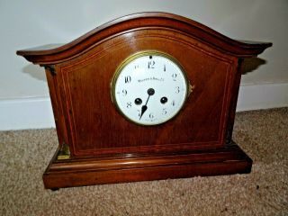 Antique Mahogany Walker & Hall Mantel Clock With Columnar Detail & Inlaid Front
