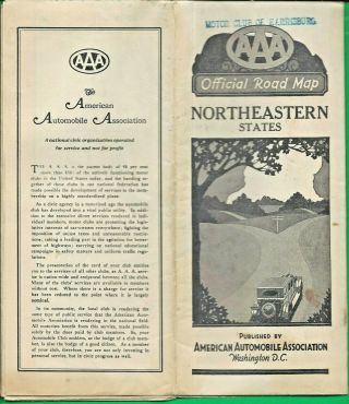 C1930 Aaa Official Road Map Of Northeastern States Motor Club Of Harrisburg