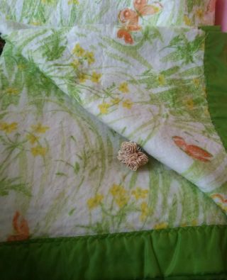 Vintage Spring Green Florals/butterflies Twin Sized Blanket W/ Satin Edging
