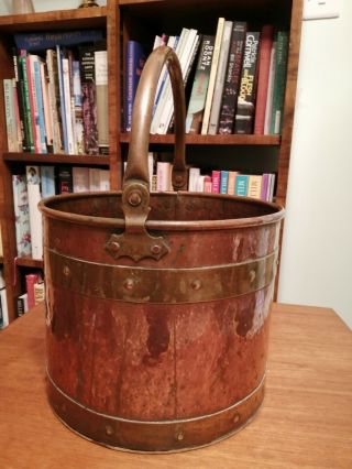 Vintage Arts And Crafts ? Copper Coal / Log Bucket Planter With Brass Trim