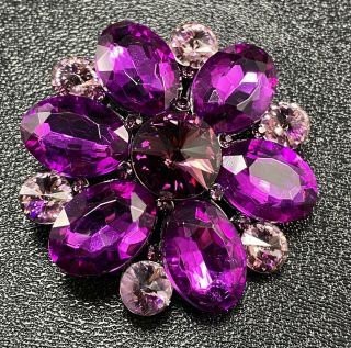 Vintage Brooch Pin 2” Flower Purple Crystal Rhinestones Dark Metal Lot1