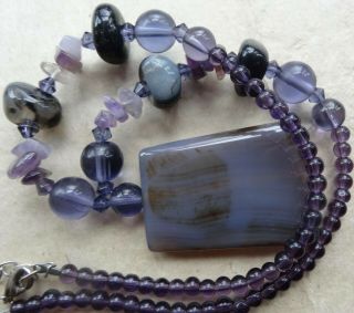 Vintage Purple Amethyst & Agate Stone Bead Pendant Necklace - Z219