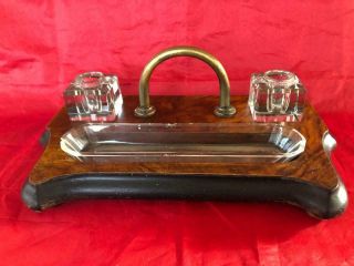 Good Antique Late Victorian Walnut And Glass Desk Tidy Ink Wells.