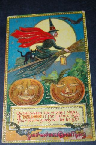 Antique Halloween Postcard " Flying Witch On Broom W/ Yellow Lantern And Caption