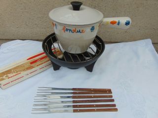 Vintage Le Creuset Veg Pattern Fondue Set With Lidded Pan & Forks