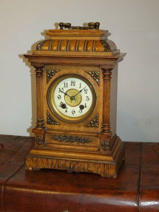 Antique 19th Century Carved Oak Hac Bracket Mantel Clock With Chime & Handle Top