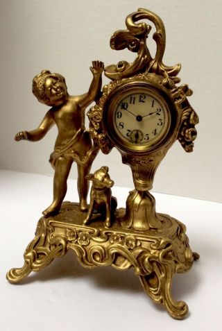 Antique Figural Cupid/boy And Dog Golden Cast Metal Case Clock - Runs -