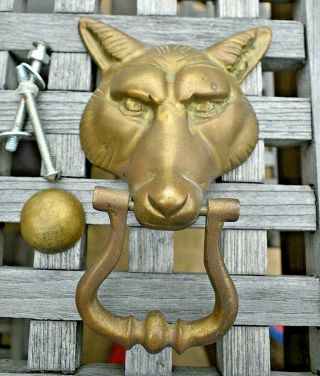 Vintage Wolf Fox Head Solid Brass Door Knocker With Tap Knob