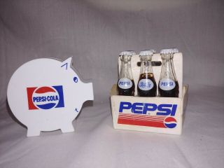 Vintage Miniature Pepsi 6 Pack W/3 " Glass Bottles & Pepsi Pig Bank Bundle