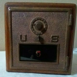 Antique Vintage United States Post Office Oak & Brass Coin Box W/combo Lock