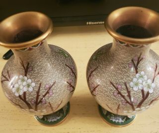Chinese Cloisonne Vases Cherry Blossoms Birds 8 "