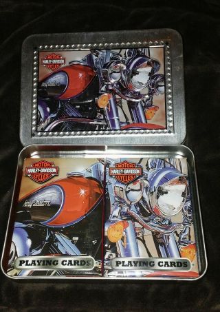 Harley Davidson Set Of 2 Decks Of Playing Cards With Collector Tin