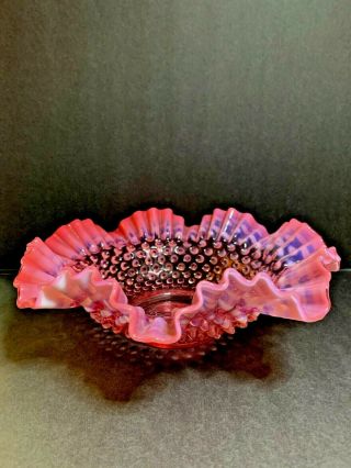 Antique Fenton Cranberry Pink Opalescent Hobnail Crimped Ruffled Glass Bowl