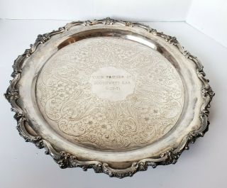 Vintage Silver Plated Heavy Solid Serving Tray Footed Tea Platter Engraved