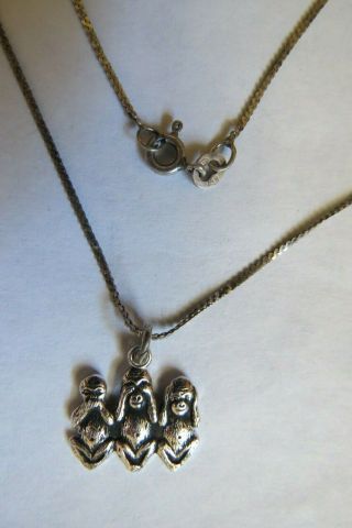 Vintage Sterling Silver 925 Chain Necklace With See Hear Speak No Evil Monkeys