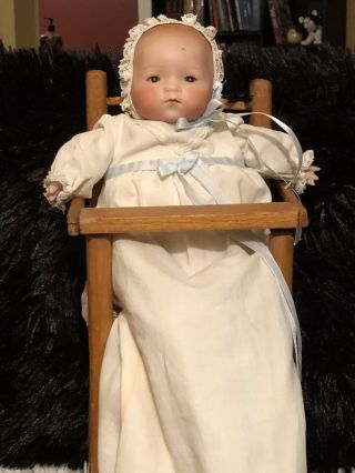Antique 10” A.  M.  Armand Marseille German Bisque Pouty Baby W/ High Chair