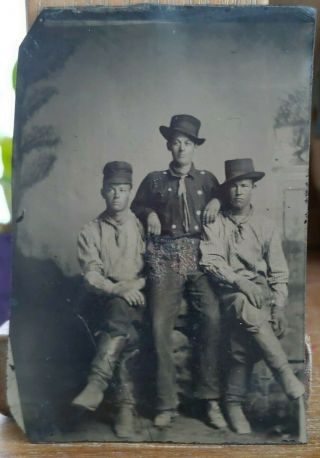 Tintype Western Young Cowboys Great Outfits Read Condition1800s Antique Photo