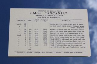 CUNARD WHITE STAR LINE SHIPS ABSTRACT OF LOG CARD RMS ASCANIA MARCH 28TH 1953 2