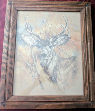 K.  Maroon 1978 Silent Buck Deer With Solid Wood Picture Frame,  Vintage Signed