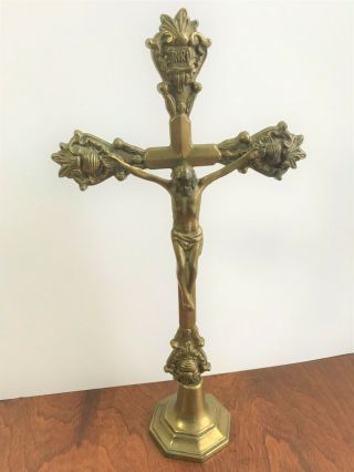 Antique Vintage Inri Solid Brass Standing Altar Crucifix Christ Cross Jesus