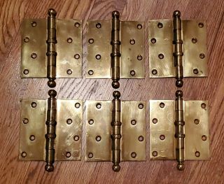 6 Stanley Hinges Heavy Brass Antique Inset Screw Holes 1.  02 Lbs Each Patent 1903