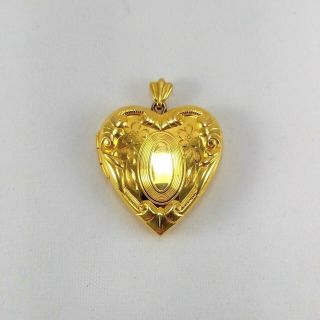 Antique Victorian 10k Gold Filled Floral Etched Repousse Heart Locket