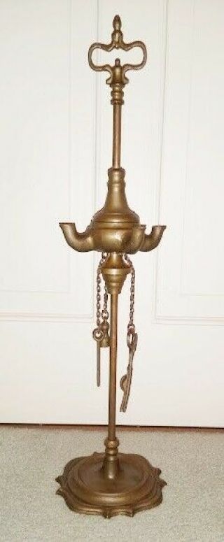 Antique Italian Brass Table Oil Lamp,  19th Century 4 Spout Lucerna,  With Tools