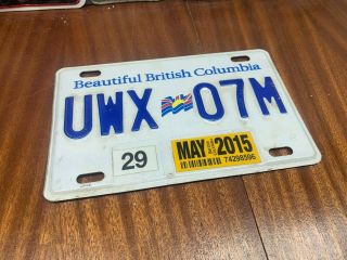 British Columbia License Motorcycle Plate - Uwx - 07m - May 2015 Tag