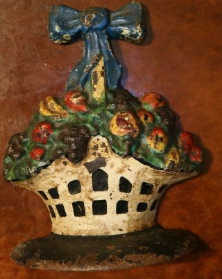 Rare Old Antique Fruit Basket Cast Iron Doorstop Great Color Paint