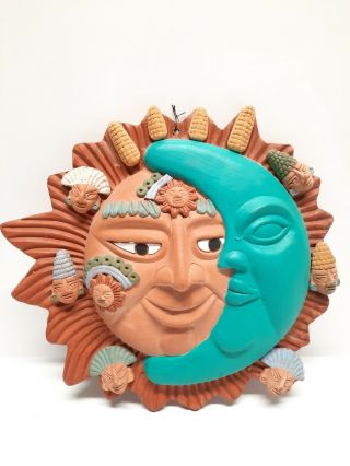 Authentic Vintage Mexican Folk Art Clay Wall Hang Hanging Moon Sun Happy Face