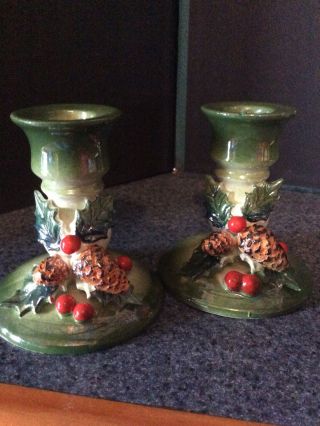 Vintage Ivy And Pine Cone Candle Stick Holders