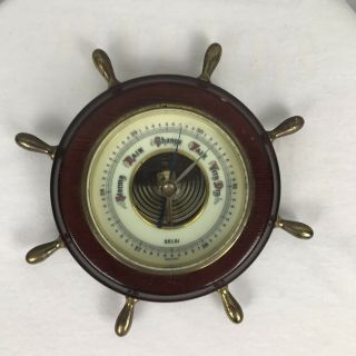 Selsi Vintage Barometer Brass Wood Nautical Ships Wheel Germany 5” Wall Hanging
