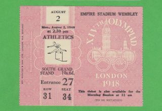 1948 London Olympics Ticket Athletics At Wembley Stadium Aug 2nd