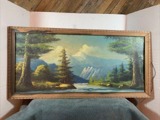 Antique 19c Lake Mountain Landscape Oil Painting On A Board Frame
