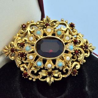 Vintage Brooch 1960s Rococo Style Red Crystal & Faux Pearl Goldtone Jewellery