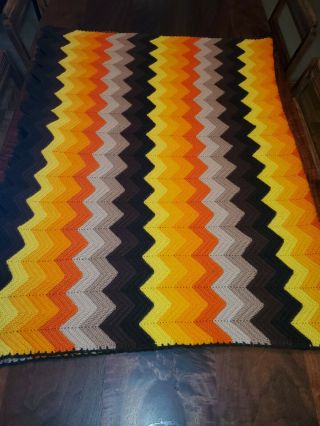 Vintage Afghan Blanket Crochet Chevron Ripple Retro 70 