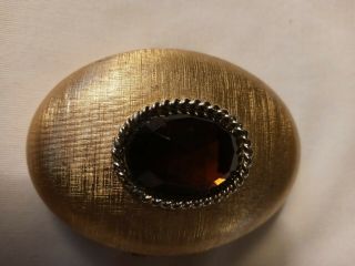 Vintage Gold Tone Powder Compact With Amber - Colored Stone