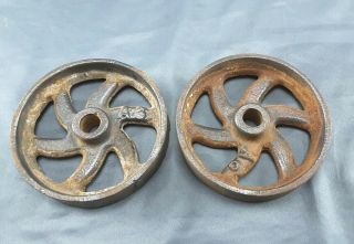 Pair Small Antique Cast Iron Wheels 4 - 5/8 " Dia.  Industrial Cart Scale Wagon