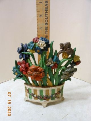 Rare Antique Vtg Cast Iron Flowers In Basket Planter Door Stop - Great Colors