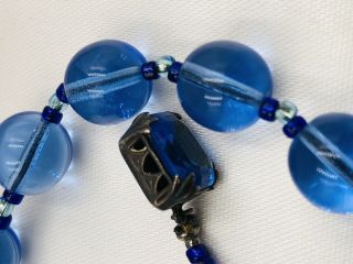 Antique 1920s Art Nouveau Deco Czech Blue Round Glass Necklace Sterling Sl Clasp