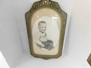 Antique Wood Picture Frame W/ Bubble Glass & Vintage Photo