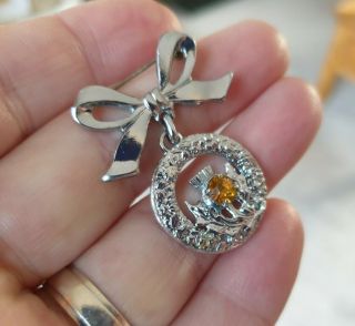 Vintage Jewellery Scottish Celtic Amber Thistle Plaid Silver Dropper Brooch Pin