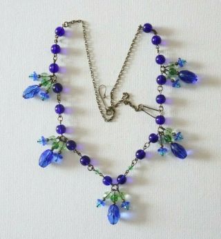 Vintage Art Deco Style Blue/green Flower Beaded Glass Necklace