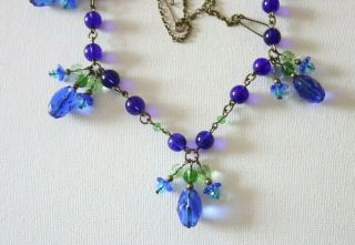 Vintage Art Deco Style Blue/Green Flower Beaded Glass Necklace 2