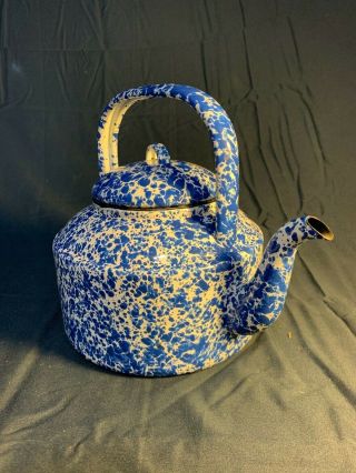 Antique Granite Blue & White Swirl Enamelware Tea Kettle Coffee Pot Graniteware