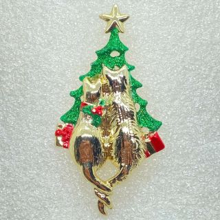 Signed Ajc Vintage Cats Christmas Tree Brooch Pin Enamel Gold Tone Jewelry