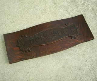 Antique Vtg Wood Carved Sign 1800s " Domestic " Table Drawer Front Sewing Machine